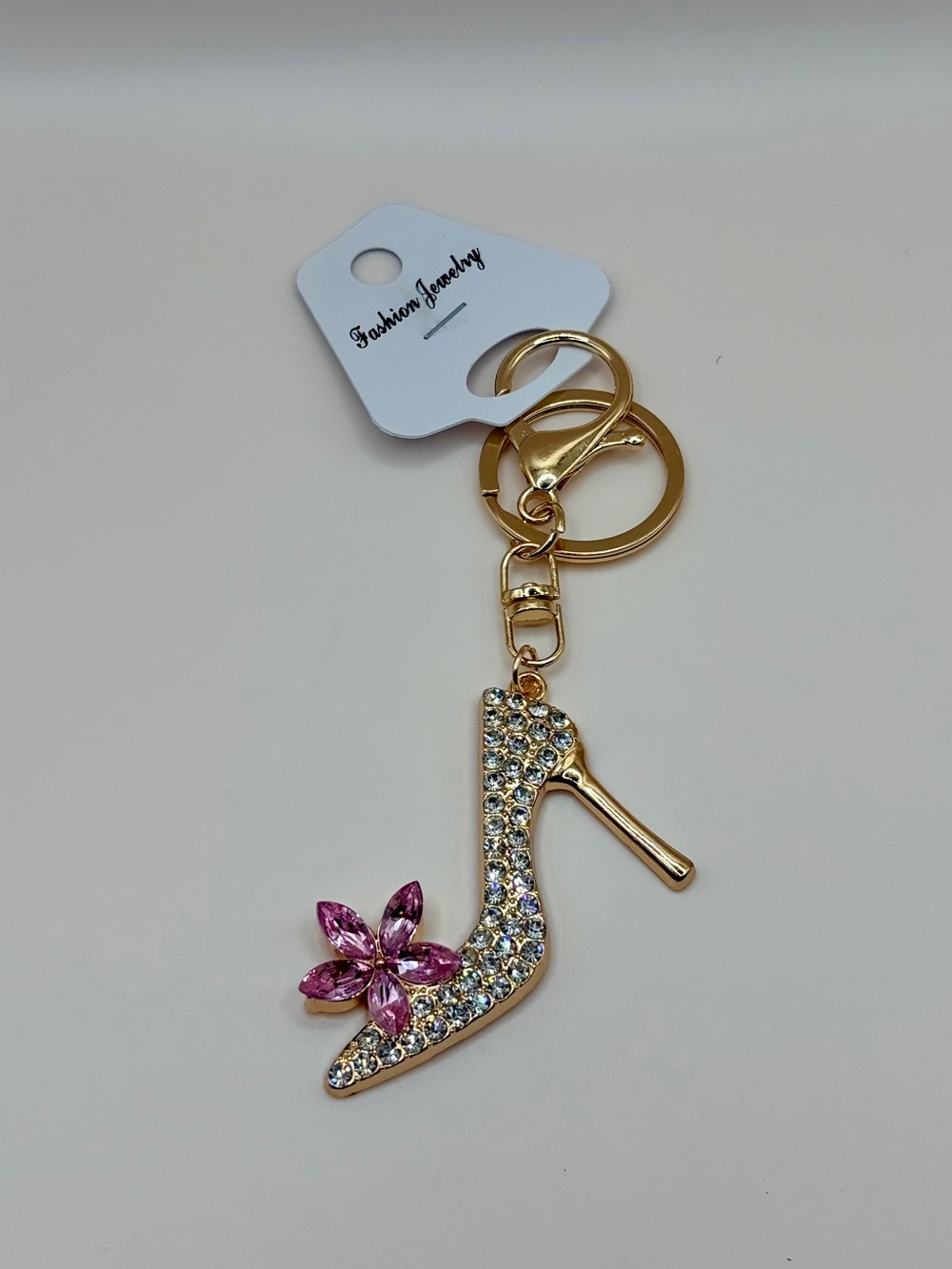 Bougie Gold High Heel Keychain with Pink Crystal Flower